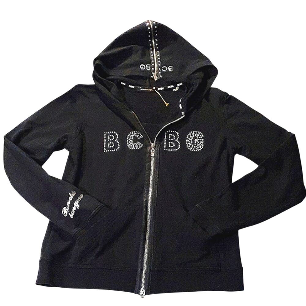 Y2K BCBG Hoodie Track Jacket Sz S Black Diamonds Luxe Lounge Preppy Goth Bling